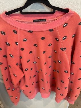 Wildfox Coral Pink Lip-Print Crewneck Sweatshirt
